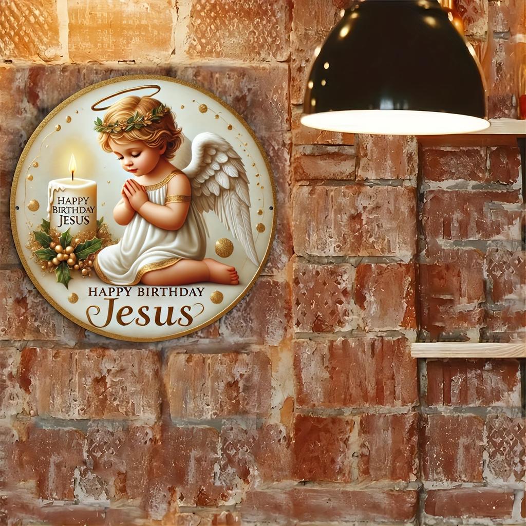 Wooden 1pc Angel Theme "Happy Birthday Jesus" Round 2D Flat Wooden Sign - Wood Decorative Plaque for Door, Wall, Home, Room, Farmhouse, Street, Garage
