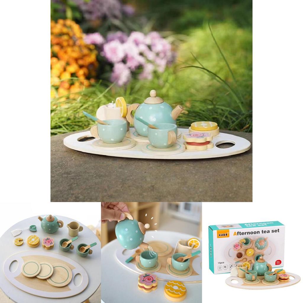 Children Play Tea Set With Wooden Cake And Pots For Creative Kitchen Pretend Games