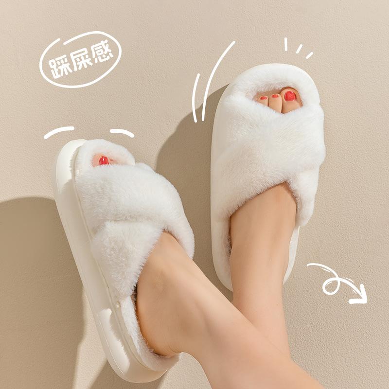 New Cotton Slippers Autumn and Winter Thickened Plush One-word Cotton Slippers Home Indoor Non-slip Warm Fashion Fluffy Drag Girl