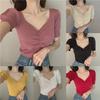 2022 Summer Korean Retro Puff Sleeve Knit V-Neck Slim T-Shirt for Women