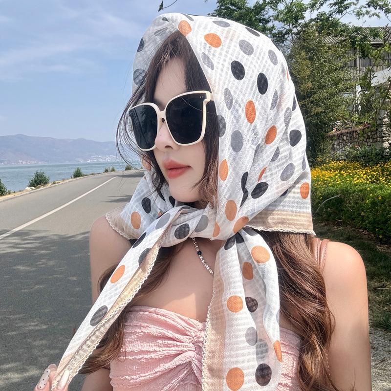 New Summer Cotton and Linen Scarf for Women Spring and Autumn Dots Small Square Scarf Triangle Scarf Sun Protection Scarf Headscarf