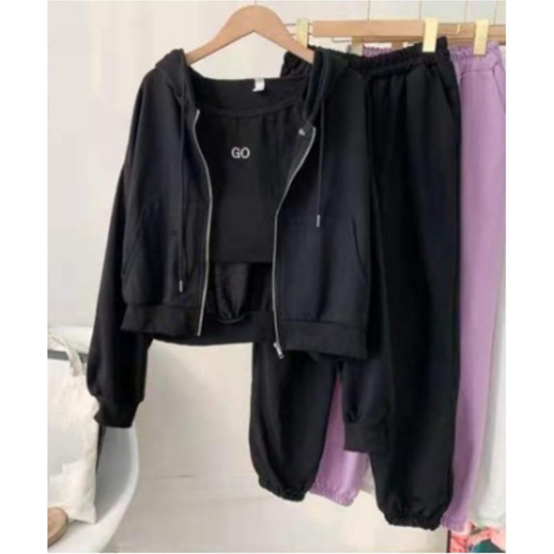 Women's Spring and Autumn Solid Color Set Bottom Shirt + Jacket + Pants Three Piece Set