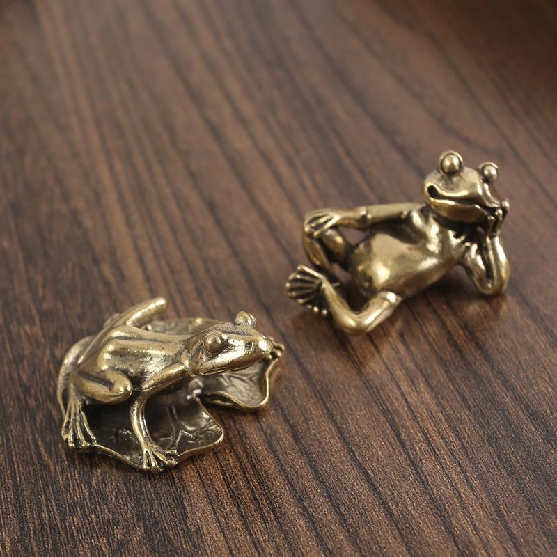 Забавная лягушка латунный орнамент мини-фигурки лягушек из листьев лотоса чистая медь животное чай домашнее животное украшения антикварные поделки подарок