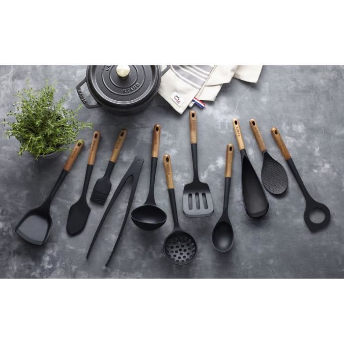 Cuillère à Servir - STAUB - 31 cm - Silicone Noir - Bois d'Acacia - Ustensiles de Cuisine