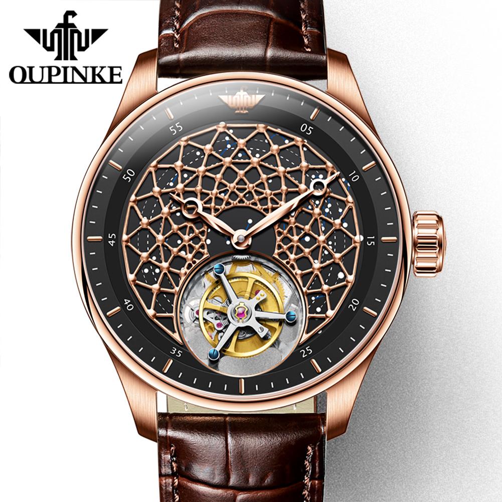 OUPINKE Мужские часы Турбийон Деловые механические часы Полые водонепроницаемые мужские часы