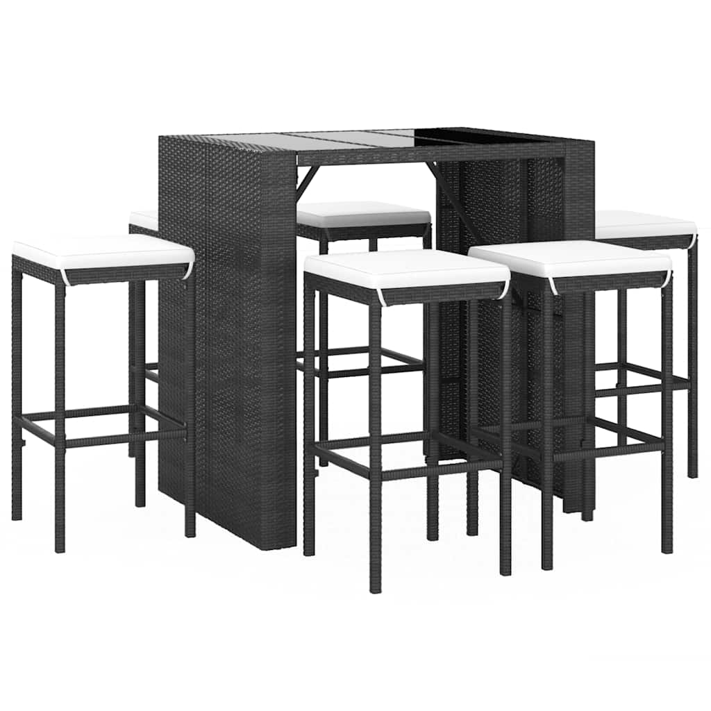 7 piece Garden Bar Set with Cushions Black Poly Rattan