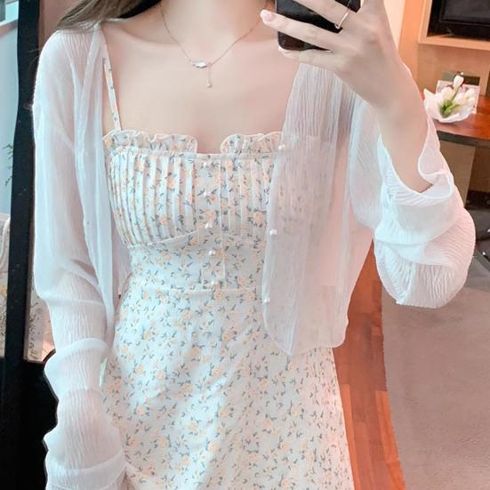 Женская сетчатая прозрачная куртка от солнца с длинным рукавом и застежкой на пуговицы, солнцезащитные рубашки с защитой от ультрафиолета, короткий топ-шаль, летняя пляжная накидка