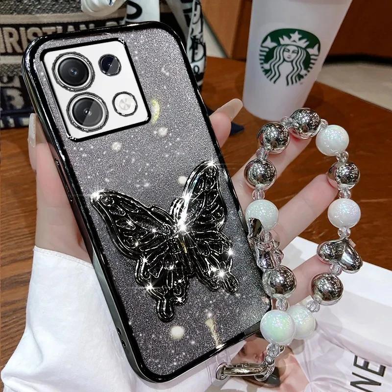 3D Butterfly Phone Holder Bead Bracelet Glitter Plating Case for Xiaomi Redmi Note 13 12 11 10 9 8 11S 10S 9S Pro Plus 4G 5G