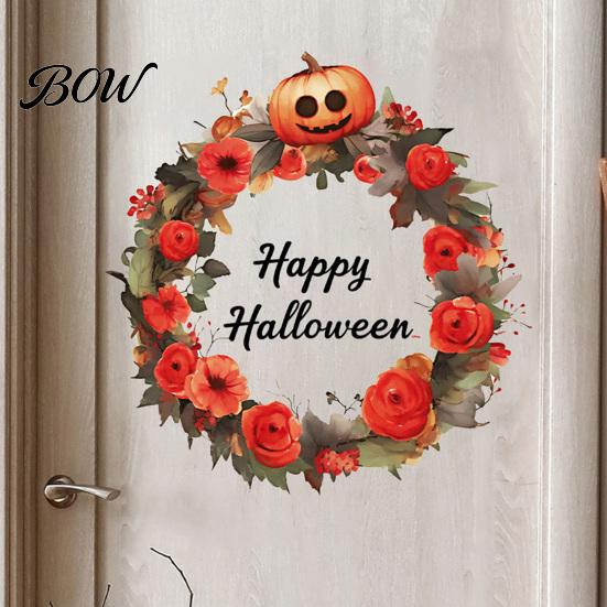 Autumn Wreath Wall Stickers Halloween Stickers, Happy Garland Decals, Retro Pumpkin Creative Gift Ideas & Rose Waterproof PVC Decor for Windows Glass
