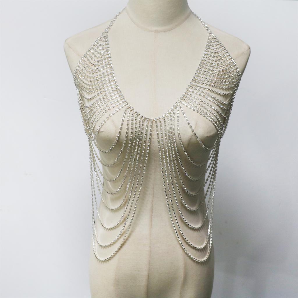 European And American Jewelry, Fashionable Multi-Row Fringed Rhinestone Breast Chain, Sexy Nightclub Party Wear Chest Jewelry