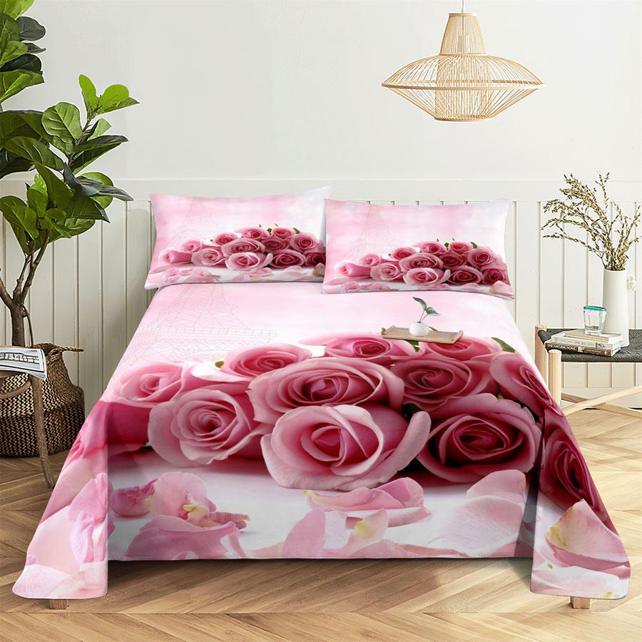 Bedsheets Set With Pillows Case Queen Size Soft Bed Sheets And Pillowcases For Single Double Beds Twin Pink Flower Thin Fabric