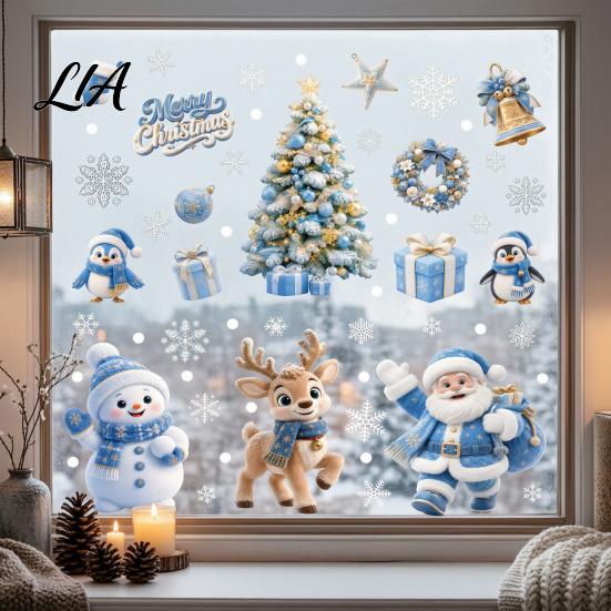 Non Adhesive Window Film 4Pcs Christmas Static Clings, Blue Santa Snowman Reindeer Penguin Gold Decor Stickers, Reusable Double Sided Xmas Holiday