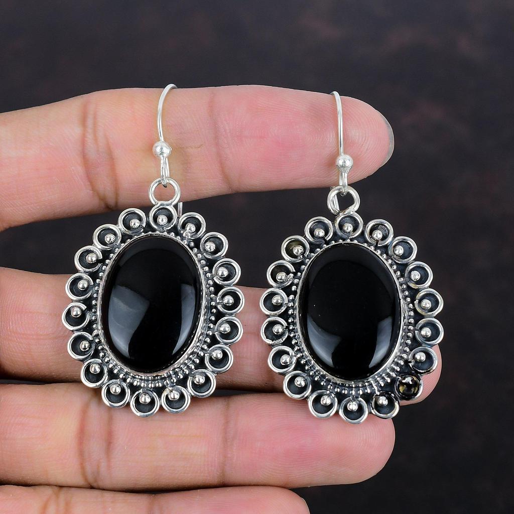 Серьги из черного оникса, настоящие драгоценные камни, старинные серьги, серьги из стерлингового серебра 925 пробы, серьги ручной работы, серебряные украшения, подарки на годовщину