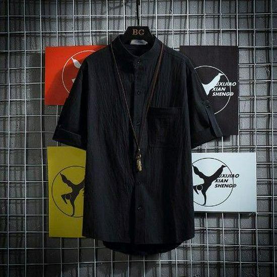 Мужская рубашка больших размеров в японском стиле с воротником-стойкой и короткими рукавами, однотонная