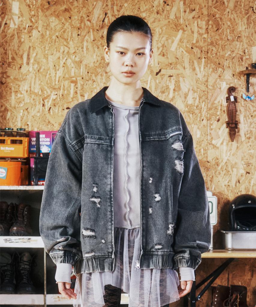 Thevinylhouse Черная джинсовая куртка-бомбер на молнии Destroyed Denim