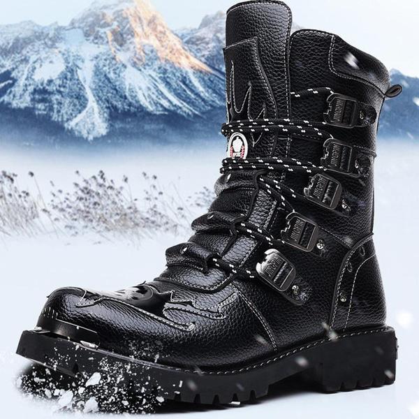 Motorcycle Boots Men Winter Warm Boots Motorcycle Shoes Mid-calf Buckle Motorbike Boots Punk Boots Black Skull Head