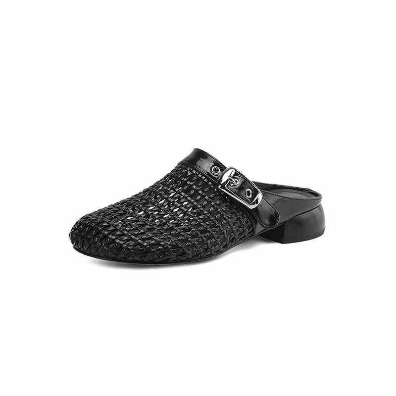 Sheepskin Version~ Women's One-pedal Belt Buckle Half Slippers Versatile Thick Heel Round Head Woven Bag Head Shoes