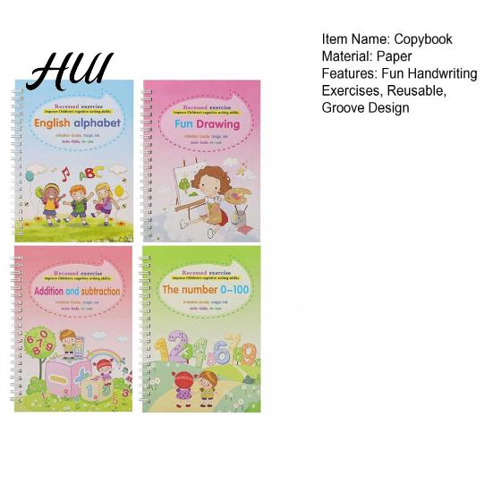 Early Elementary School Writing Workbook 4Pcs/Set Grooved Copybook Handwriting Kit with Letters Numbers Educational for Kids Tracing Reusable