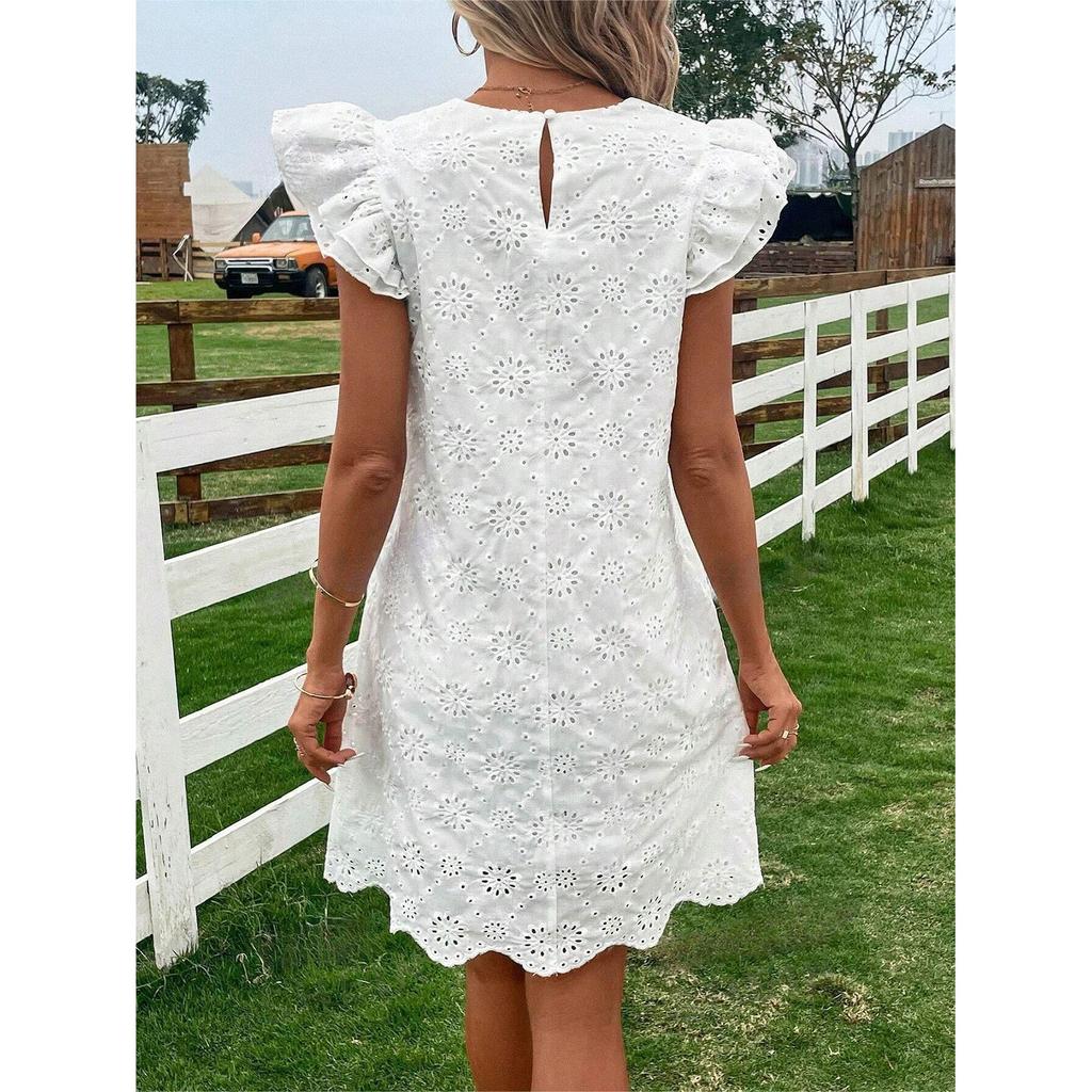 Женское модное однотонное платье с круглым вырезом и свободным рукавом из кружева