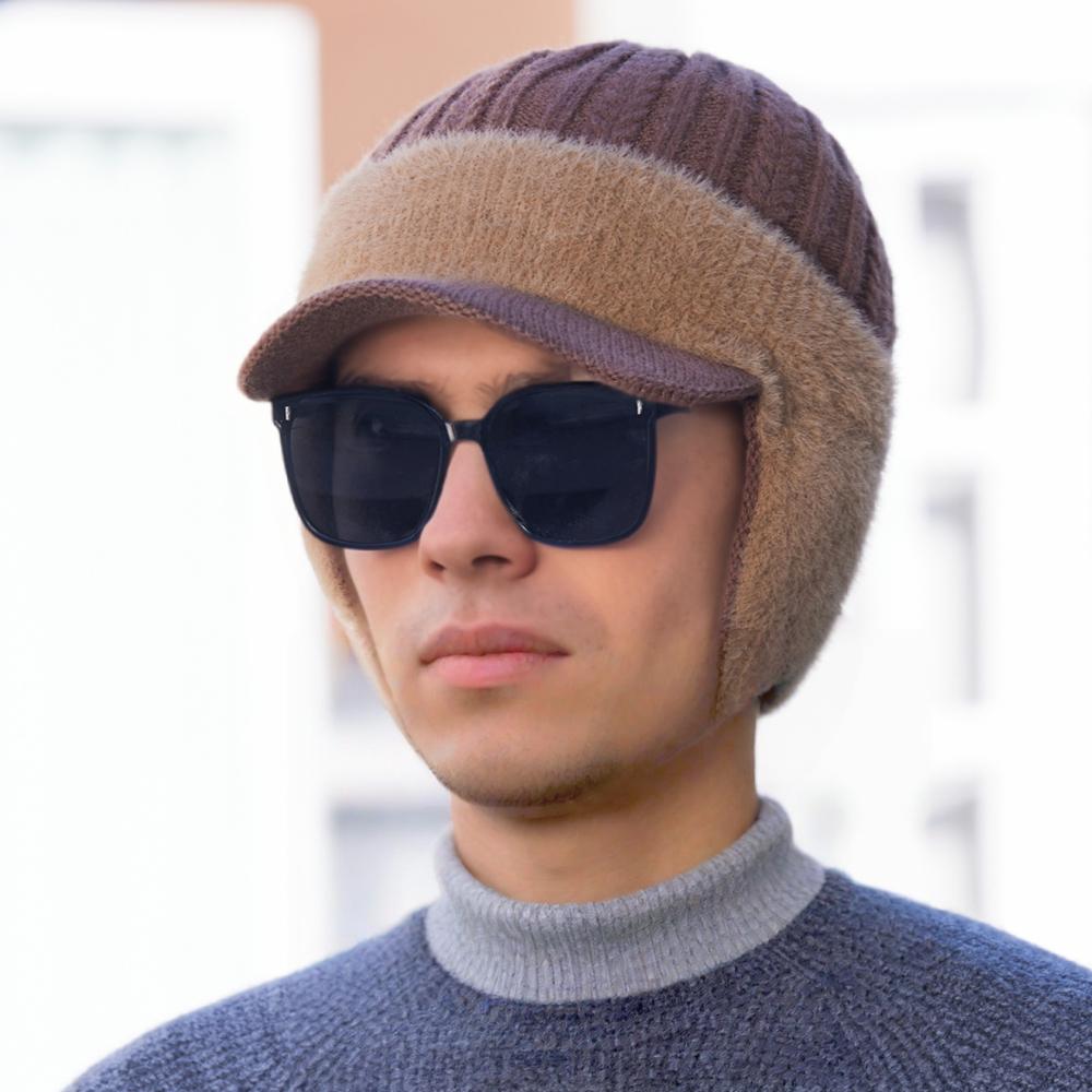 New Plush Fur Lined Winter Hat With Earflap Fashion Faux Fur Beanie Hats Men Outdoor Keep Warm Cap Hat Father Warm Gift