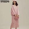 Commuter Round Neck Nine Quarter Sleeve Pink Sweater Autumn and Winter Women's Loose Solid Color Pullover Sweater