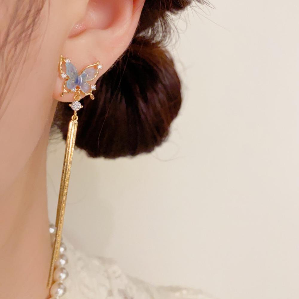 Dangle Butterfly Tassel Drop Earrings Shiny Zircon Stud Earrings Long Pendant Earrings Daily Wear