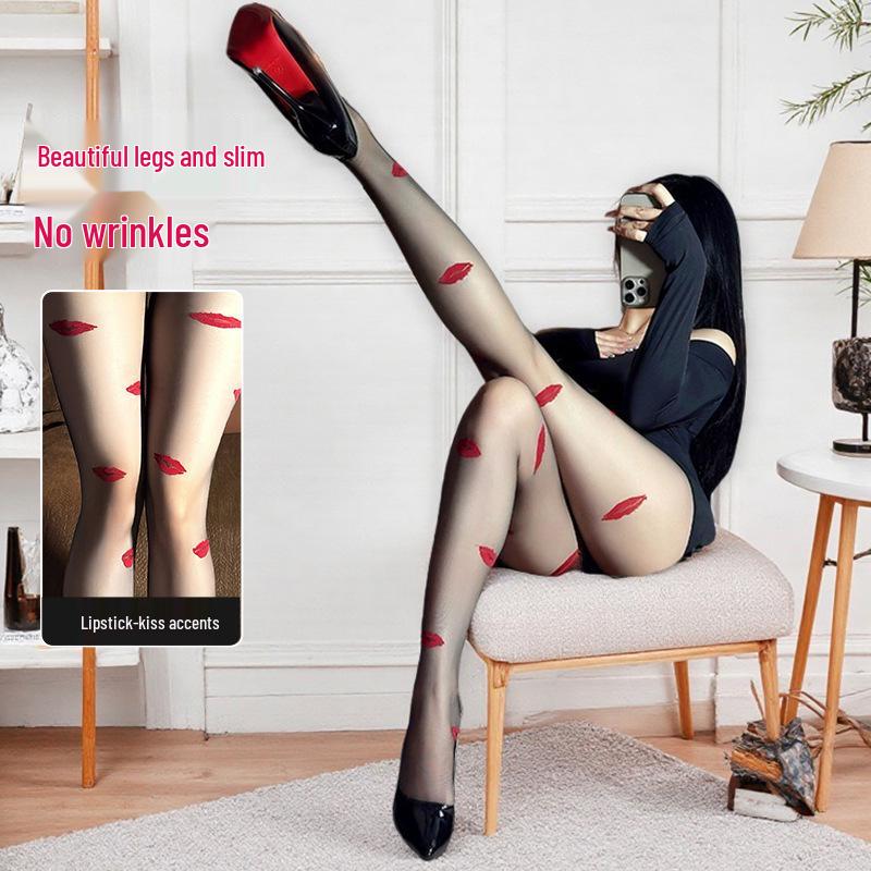 Сексуальные прозрачные черные чулки с принтом губ для женщин, устойчивые к зацепкам