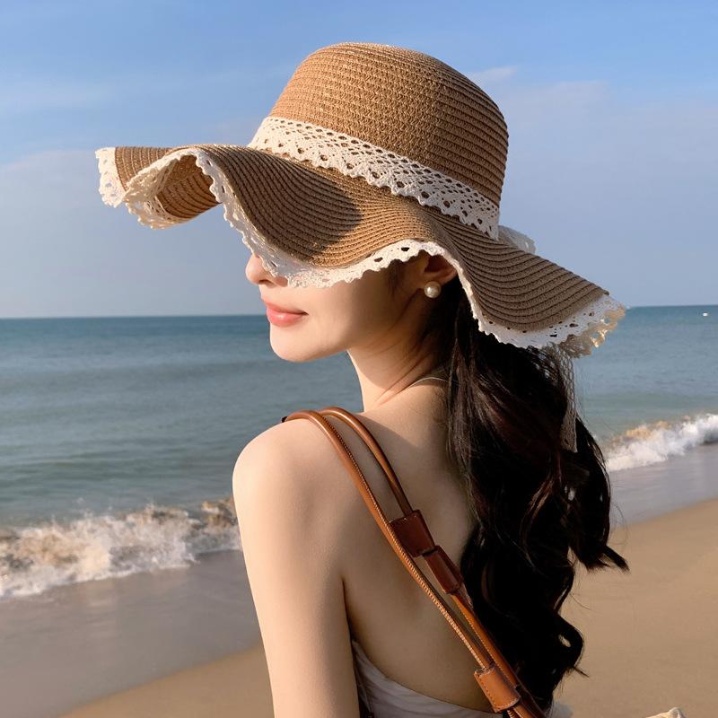 Летняя защита от солнца шляпа от солнца детская морской отдых соломенная шляпа волнистое кружево шляпа от солнца