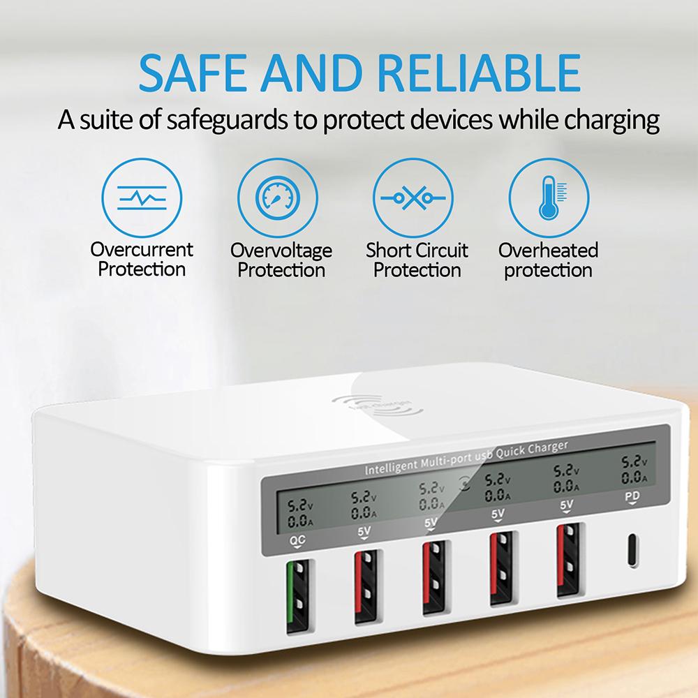 USB PD QC зарядное устройство адаптер беспроводное зарядное устройство 6 портов быстрая зарядная станция для iPhone 16/15/14 Pro Max iPad, Samsung Huawei