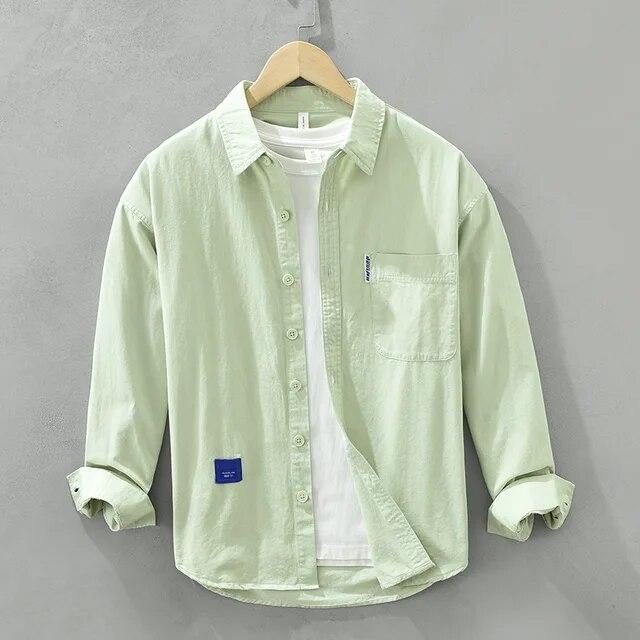 100% хлопок, мягкие и удобные мужские рубашки, весенние повседневные рубашки, свободные однотонные рубашки с отложным воротником и длинными рукавами, молодежный простой стиль