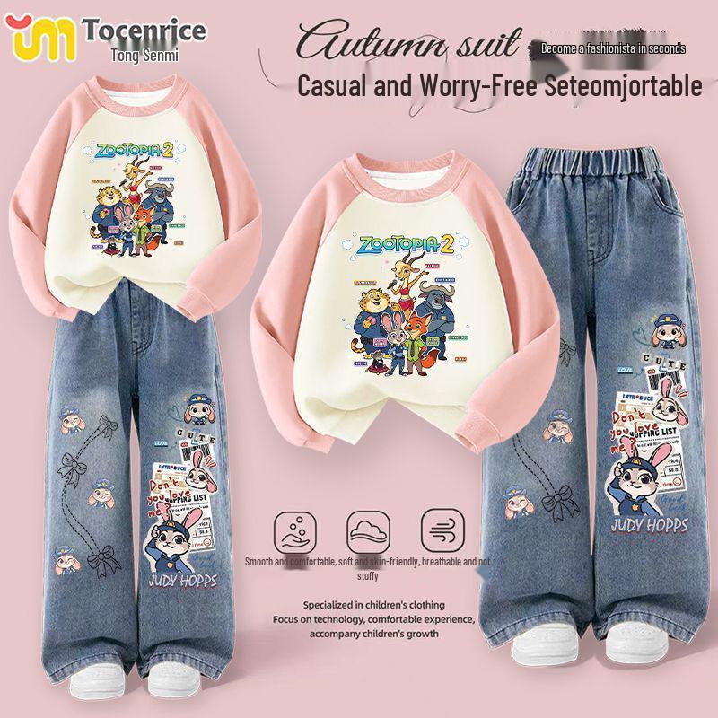 Комплект из двух предметов для девочек: Худи и Широкие Джинсы Zootopia 2, С начесом, Осень/Зима