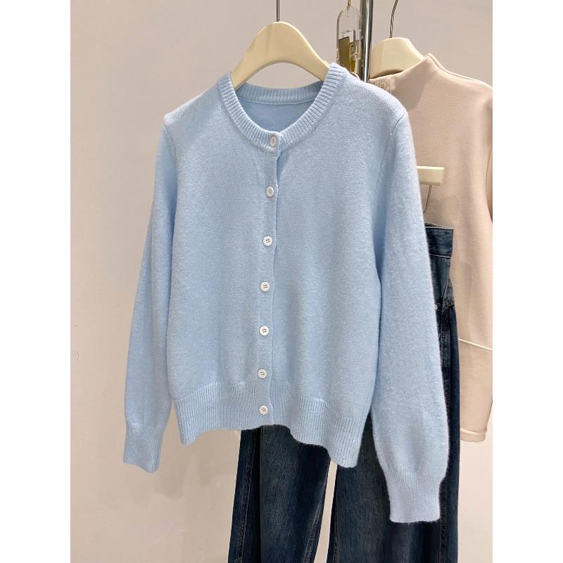 Нежный желтовато-белый однобортный кардиган женский осенне-зимний мягкий восковой топ с длинными рукавами куртка круглый вырез ленивый ветер вязаный свитер