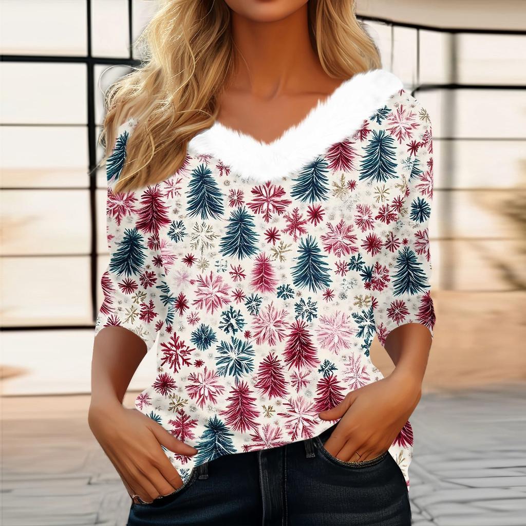 Женская футболка с рождественским принтом, флисовый воротник с рукавом три четверти и V-образным вырезом на рождественской вечеринке