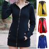 Solid Color Fleece Lined Women Coat Big Pockets Leopard Print Lining Hooded Overcoat Outerwear