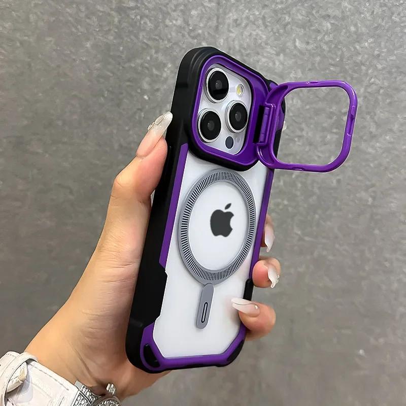 Защитный чехол Armor Fold с подставкой и защитой линз, MagSafe для iPhone 16 13 12 14 15 Pro Max Plus, магнитная беспроводная зарядка, противоударный чехол