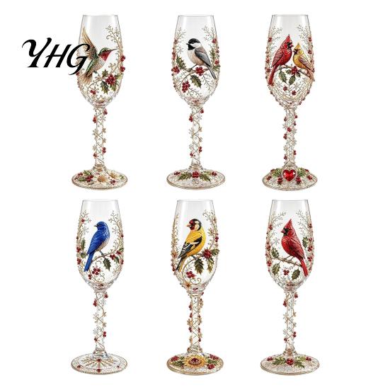 Floral Pattern Wine Glass Hand-painted Glass, Bird And Design Stem Goblet, Gift for Lovers Artistic Crystal Borosilicate Goblet Red Juice Decorative