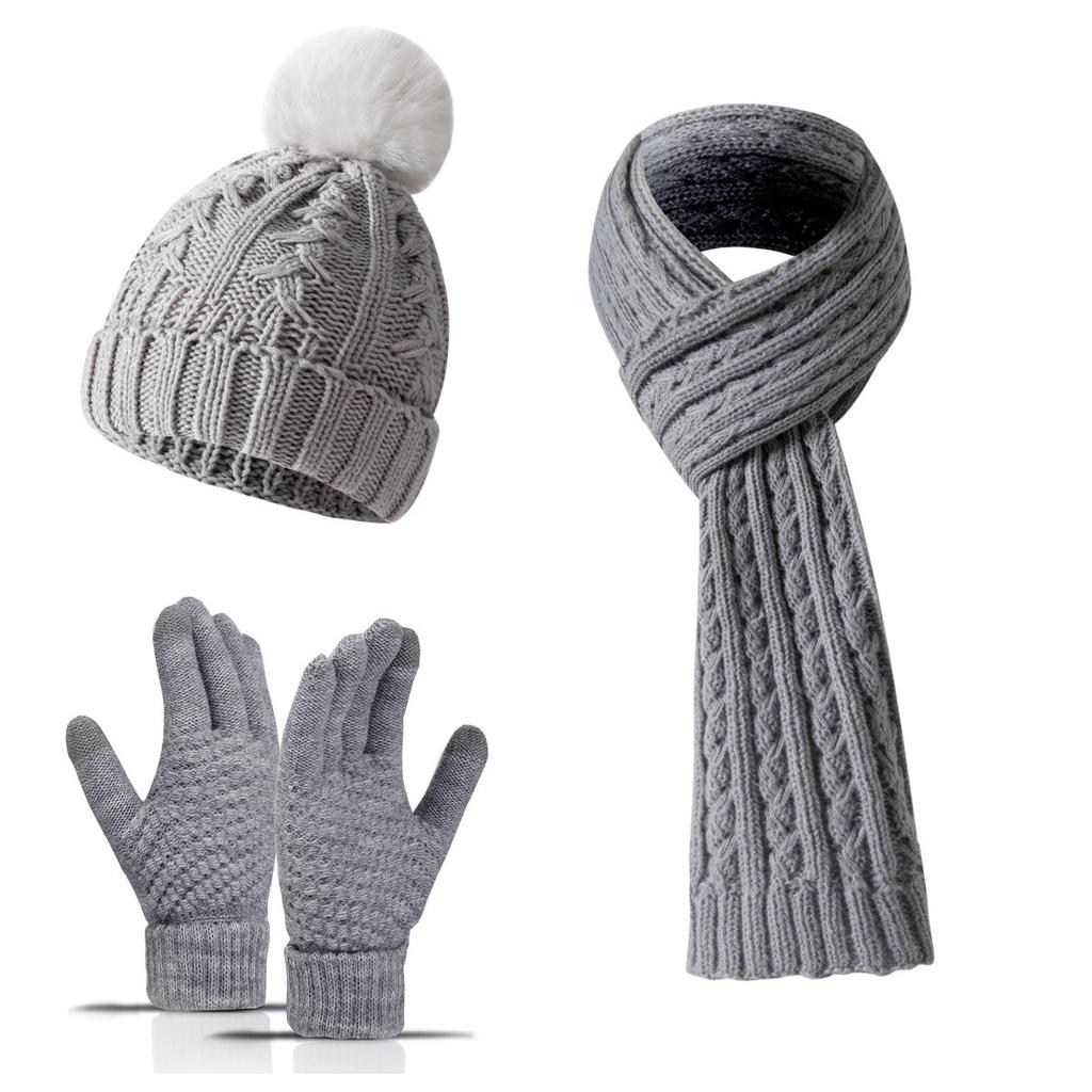 Women Winter Warm 3 Piece Set Fleece Lined Hat Scarf Gloves Solid Color Ski Cycling Vacation