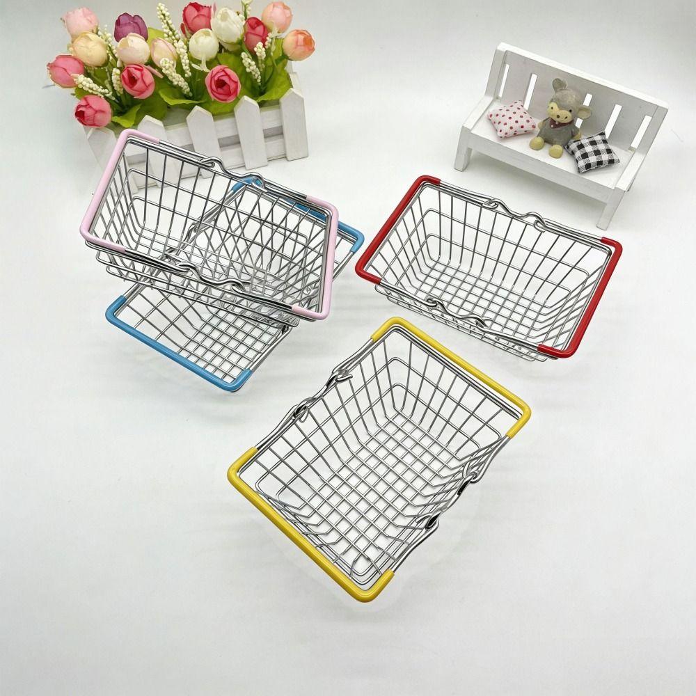 1pc Metal Wire Mini Shopping Basket 2 Sizes Available with Handle Desktop Storage Basket Mesh Desk Organizer Stationery Holder