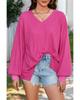 Azura Exchange Ярко-розовая вафельная блузка с V-образным вырезом, длинными рукавами и заниженной линией плеч