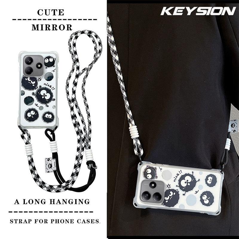 KEYSION Crossbody Strap Phone Case for Redmi Note 14 4G 5G Cute Cartoon Long Lanyard Mirror Shockproof Cover for Redmi Note 14 5G