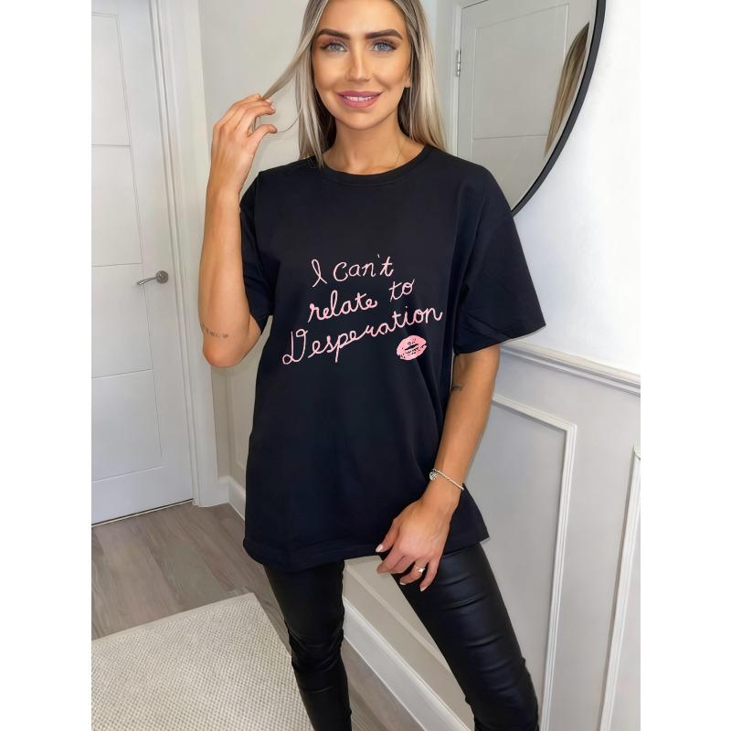 Black Oversized T Shirt With I Cant Relate To Desperation Text And Lip Print For Casual Wear