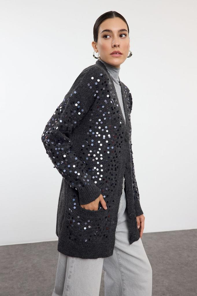 Women's Elegance Style Cardigan Stone Wool Sequin Embroidered Knitwear Cardigan