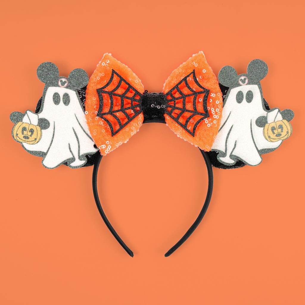 Mickey Minnie Halloween Headband Ghost Glitter Bow Paired Spider Web Pattern Women Holiday Party Decoration Perfect Gifts
