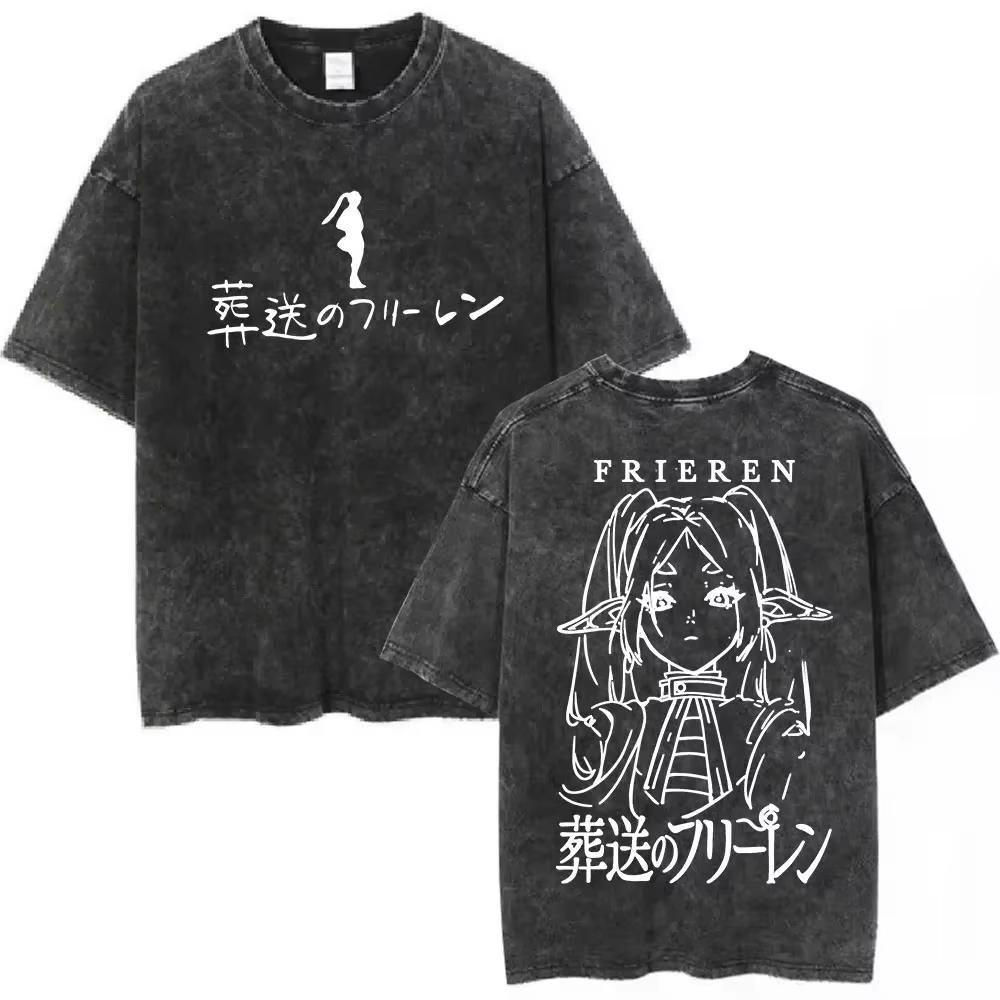 Hot Sale Anime Frieren Beyond Journey's End Vintage Washed T-shirt Men's Women Clothing Fashion Short Sleeve Trendy Streetwear for Daily Looks