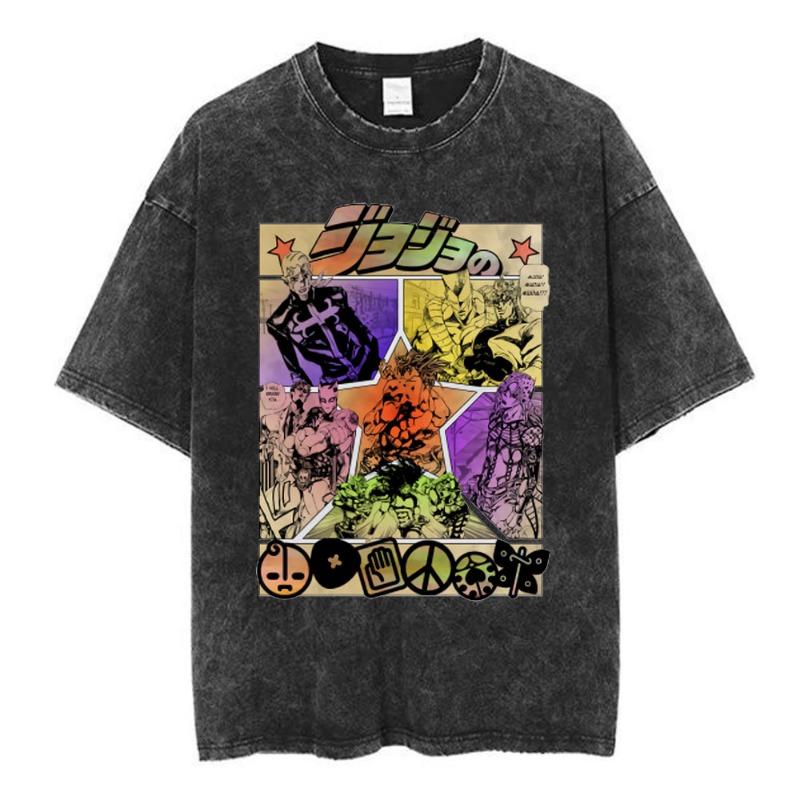 Vintage Washed Anime Jojo Bizarre Adventure T-shirt Giorno Giovanna Manga Graphic T-shirts Men's Clothing Cotton Casual T shirts
