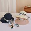 Flower Ribbon Bowknot Straw Hat Elegant Solid Color Sun Hat Trendy French Style Foldable Travel Beach Hats for Women Daily Use Summer Outdoor