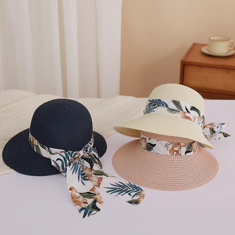 Flower Ribbon Bowknot Straw Hat Elegant Solid Color Sun Hat Trendy French Style Foldable Travel Beach Hats for Women Daily Use Summer Outdoor