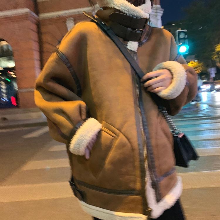 Новая зимняя куртка из овечьей шерсти с мехом, женская замшевая байкерская куртка из овечьей шерсти и хлопка