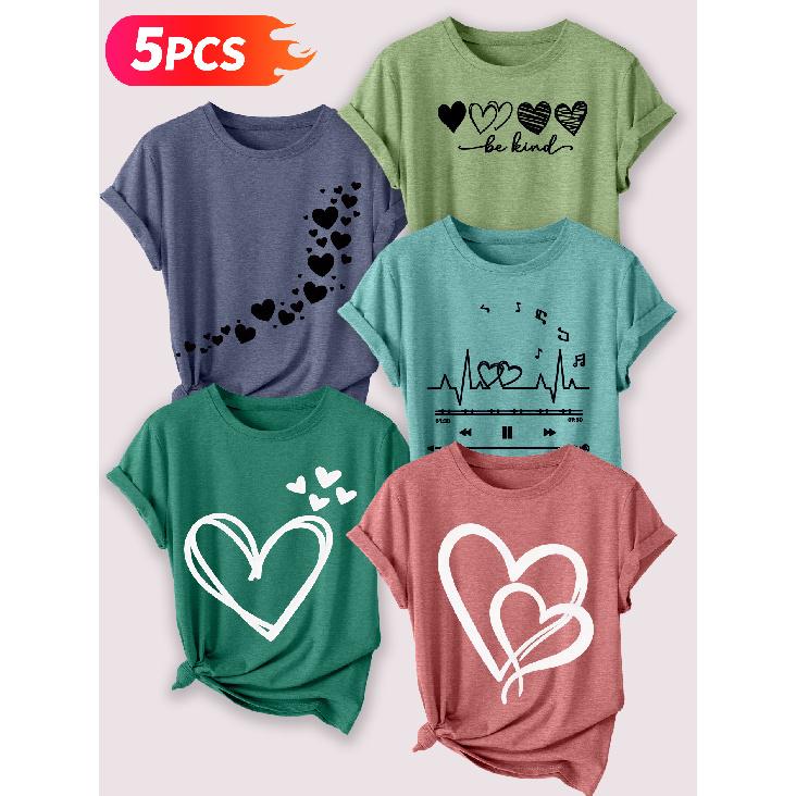 Follow a specific direction Five-piece set for women T Shirt Heart-shaped line art print Summer Casual Elegant Women's Clothing Short Sleeve Top