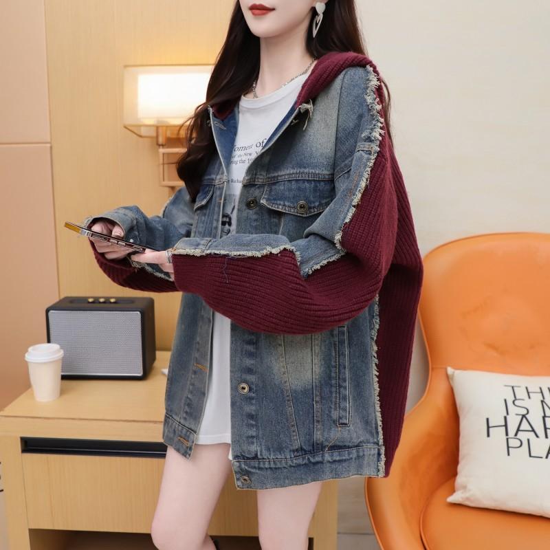 DIMANAF 2025 Зима Новая Куртка Женские Свитера Джинсовое Пальто Лоскутное Ватное Кардиган Вязание Карманы Свитер